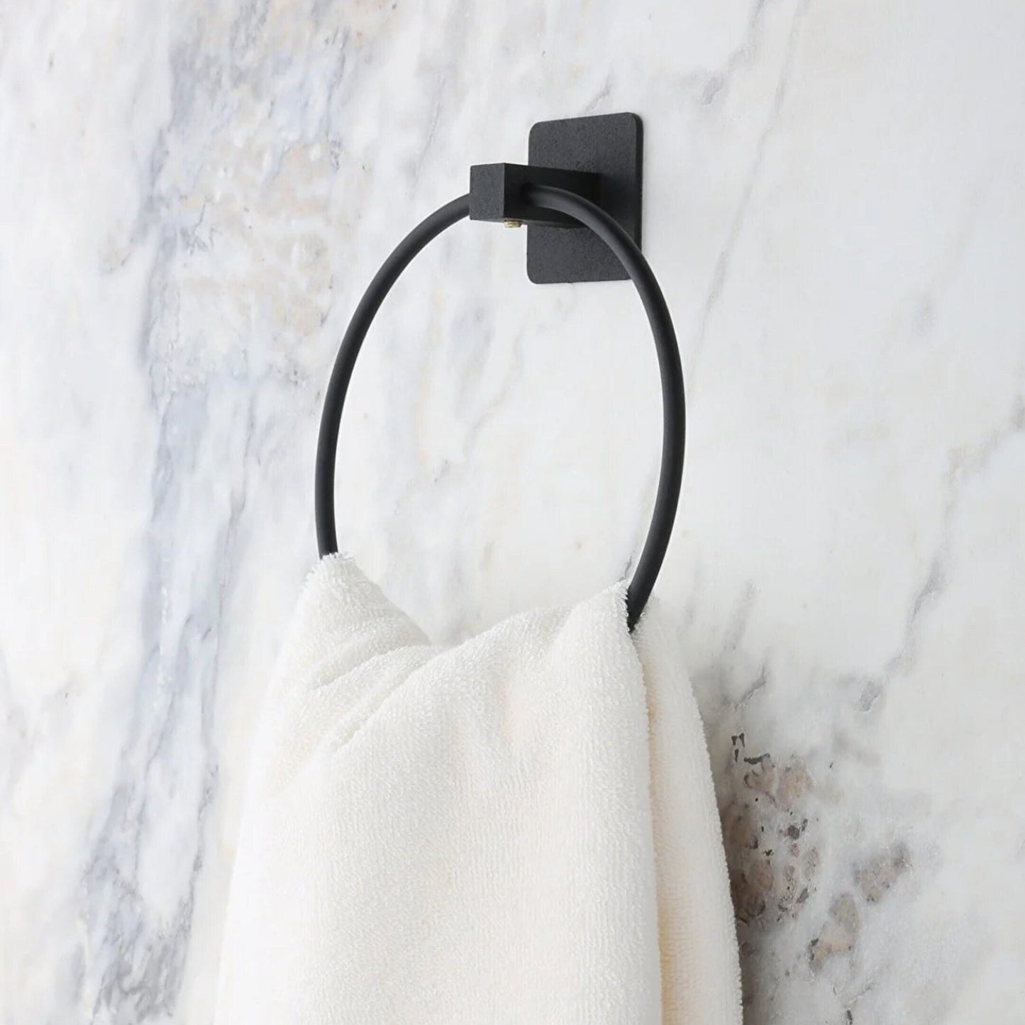 Adhesive Matt Black Round Towel Ring, Bath Towel Rail, Bathroom Accessories, Hand Towel Rail Holder, Contemporary Hotel Style - 16x16cm - Babila Home