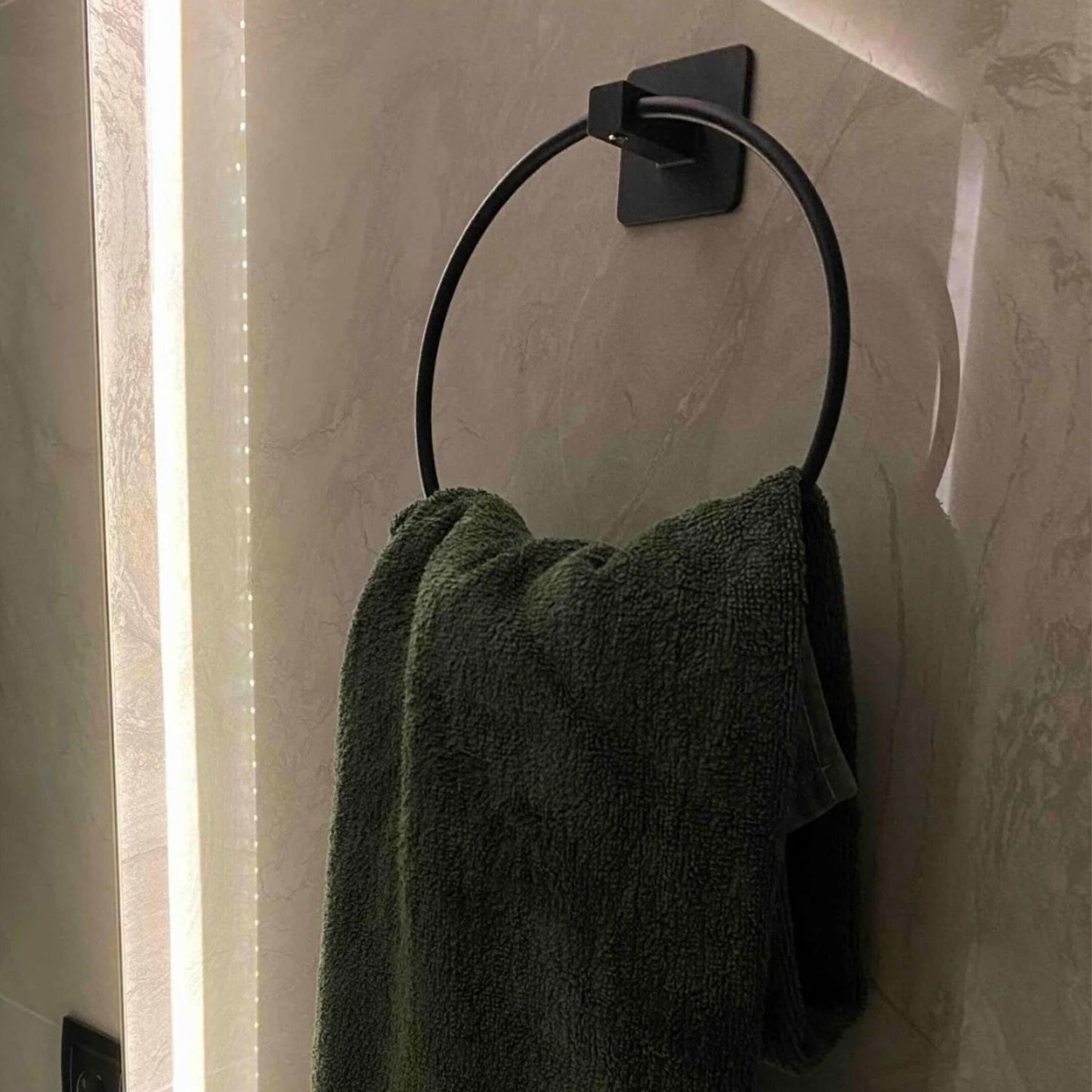 Adhesive Matt Black Round Towel Ring, Bath Towel Rail, Bathroom Accessories, Hand Towel Rail Holder, Contemporary Hotel Style - 16x16cm - Babila Home