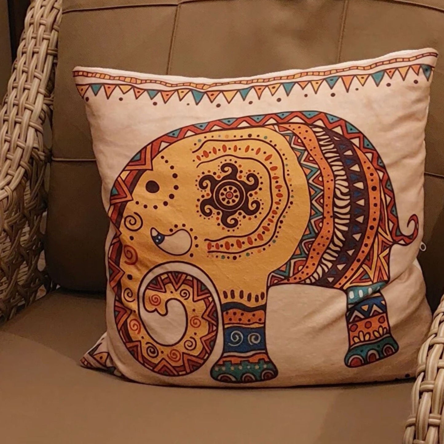 Ethnic Indian Embroidered Pillow Cover, Elephant Themed Home Decor, Elephant Pattern 3D Digital Printed Cushion Cover - 43x43 - Babila Home