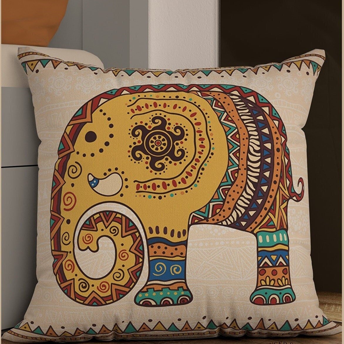 Ethnic Indian Embroidered Pillow Cover, Elephant Themed Home Decor, Elephant Pattern 3D Digital Printed Cushion Cover - 43x43 - Babila Home