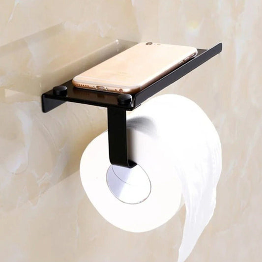 Self Adhesive Toilet Paper Holder with Phone Shelf, Wall Mounted Toilet Paper Roll Dispenser, Bathroom Washroom Tissue Roll, Matte Black - Babila Home