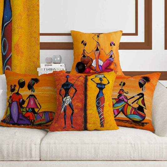 Set of 4, African Ethnic Figured Pillow Cover, Modern Design Patterned Decorative Pillow Cover, Woman Art Dancing Lady - Babila Home