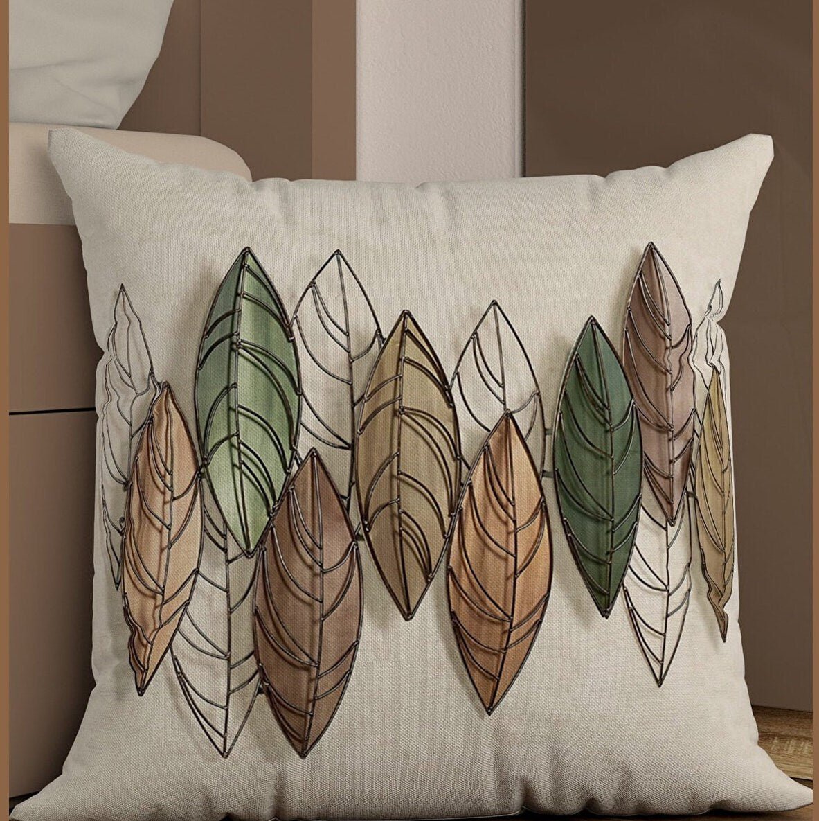 Set of 4, Coloured Leaves Patterned 3D Digital Printed Cushion on Cream Background - Pillow Case, 43 cm x 43 Cm - Babila Home