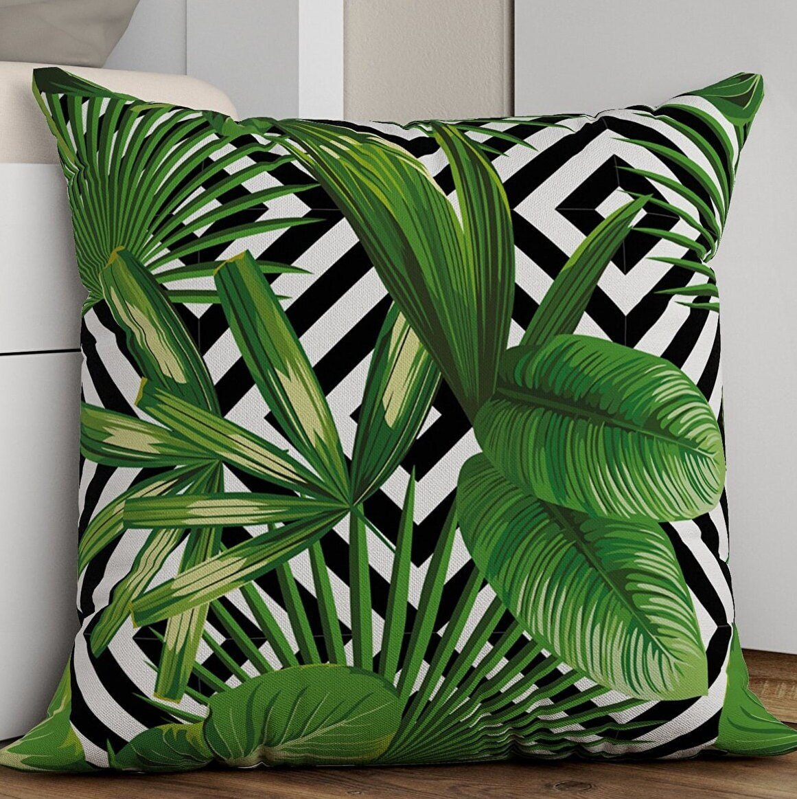 Set of 4, Green Tropical Cushion Cover with Palm Leaves, Botanical Floral Cushion Cover, Square Jungle Vibe Tropical Style, Gift - 43X43 - Babila Home